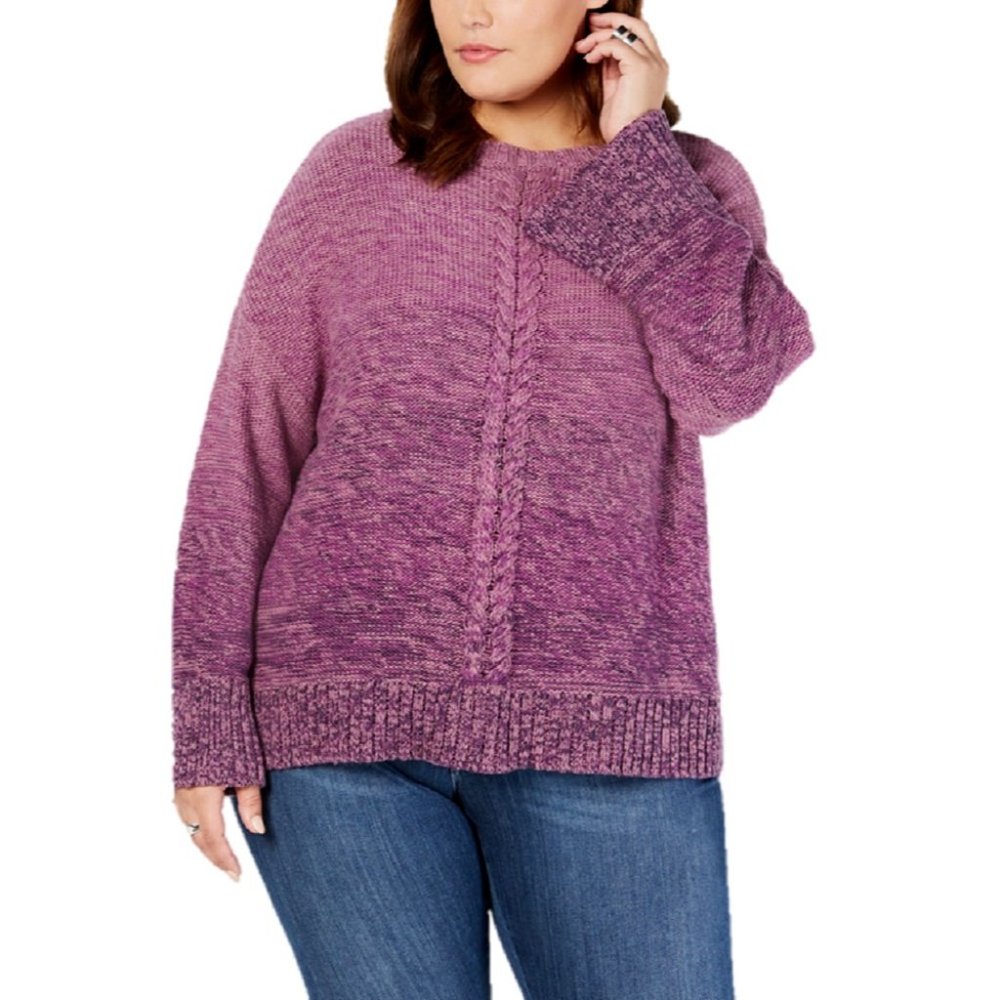 Style & Co Plus Size Braided-Trim Marled Sweater in Dark Grape, Size 0X